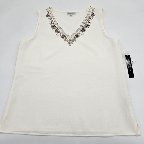 NWT Tahari (Arthur S. Levine) Ivory Beaded Tank Top V-Neck Medium - Picture 1 of 4